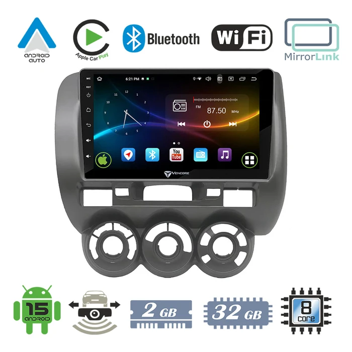 VenCore 3236-10007-0589G - 9" Android 15 Multimedia Car Head Unit IPS Screen 2GB/32GB with CarPlay/Android Auto for Honda Jazz 2002-2008 - Grey