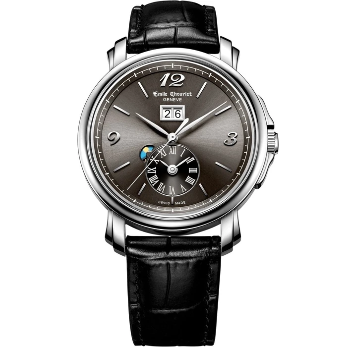 Ανδρικό Ρολόι Emile Chouriet 081168G396826 (39mm) Δερμάτινο Λουράκι Μαύρο