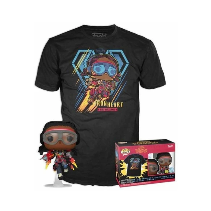 T-Shirt Funko Pop! (Adult): Marvel Black Panther Wakanda Forever Iron Heart Riri Williams (Glows in the Dark) Bobble-Head Vinyl Figure and T Shirt (S)