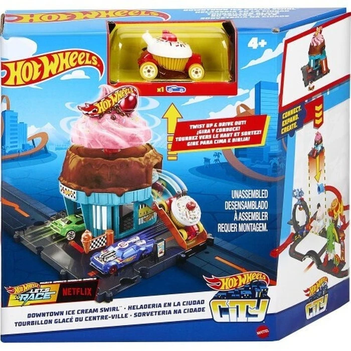 Mattel Hot Wheels City - Downtown Ice Cream Swirl (HTN77) EN,FR,DE,IT,NL,ES,PT,SE,FI,DK,NO,BG,PL,HU,RO,GR,TR,RU,AR Pack / Carton Window Box with Plastic Film