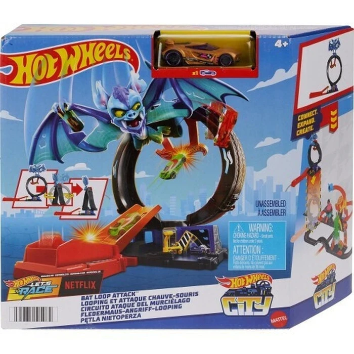 Mattel Hot Wheels City - Bat Loop Attack Playset (HTN78) EN,FR,DE,IT,NL,ES,PT,SE,FI,DK,NO,BG,PL,HU,RO,GR,TR,RU,AR Pack / Carton Window Box with Plastic Film