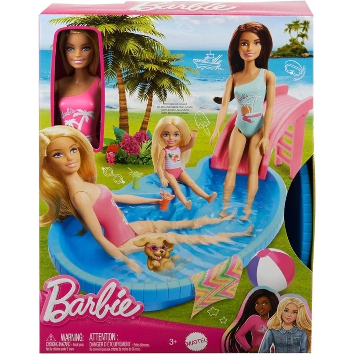 Mattel Barbie Doll with Pool Slide Playset (HRJ74) EN,FR,DE,ES,NL,PT,SE,PL,BG,GR,TR,RO,RU,HRV,SK,ET,AR Pack / Carton Window Box without Plastic Film