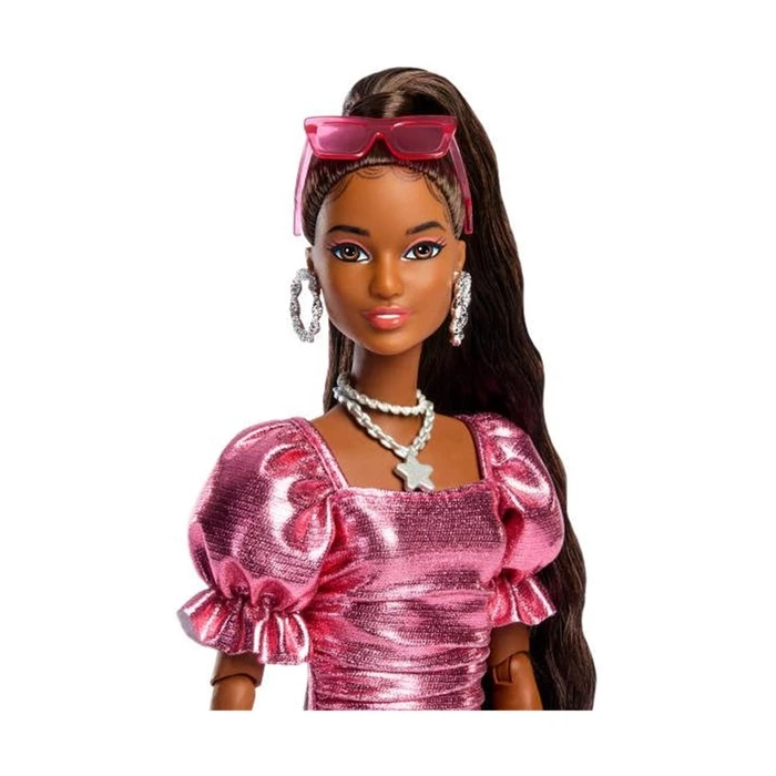 Κούκλα Mattel Barbie: Deluxe Style - Metallic Pink Dress Brown Hair with Dark Skin (JFP41)