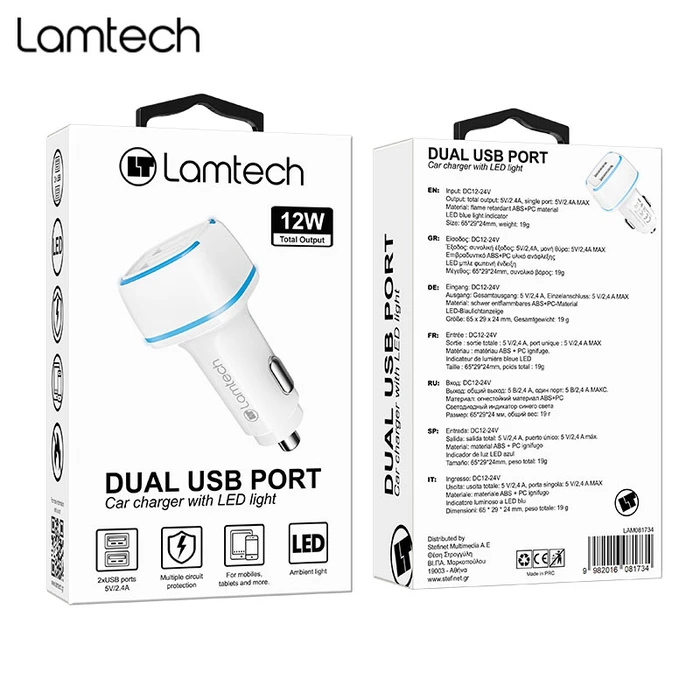 Φορτιστής Αυτοκινήτου Lamtech 2xUSB 2,4A for MOBILE PHONES WHITE
