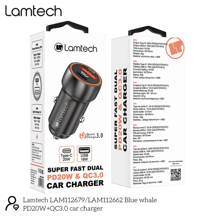 Φορτιστής Αυτοκινήτου Lamtech METAL QC3.0 & PD20W METAL GRAY
