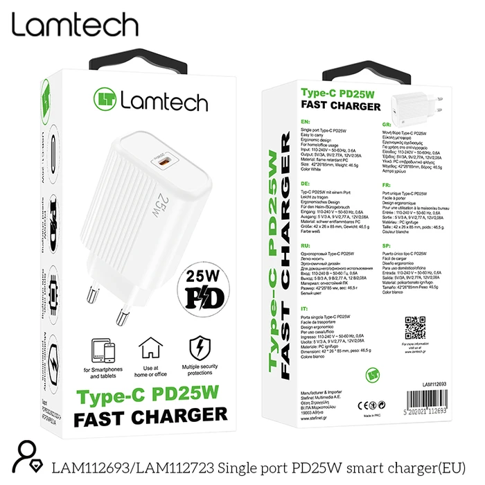 Φορτιστής Πρίζας Lamtech FAST Charger Type-C PD25W WHITE