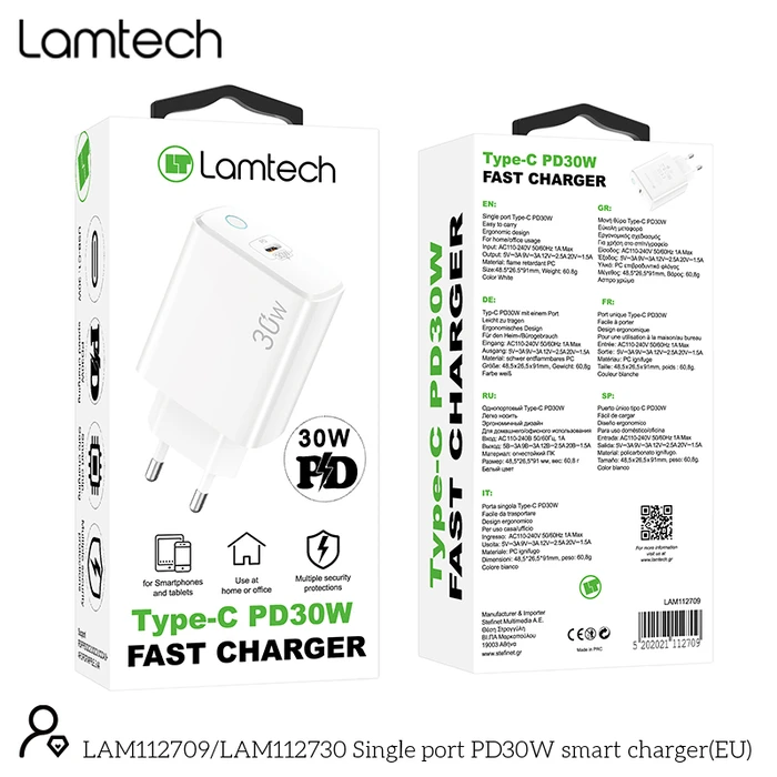 Φορτιστής Πρίζας Lamtech FAST Charger Type-C PD30W WHITE