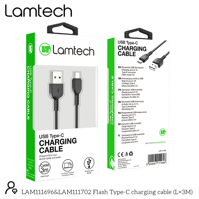 Καλώδιo USB Lamtech Data Type-C 3M Black