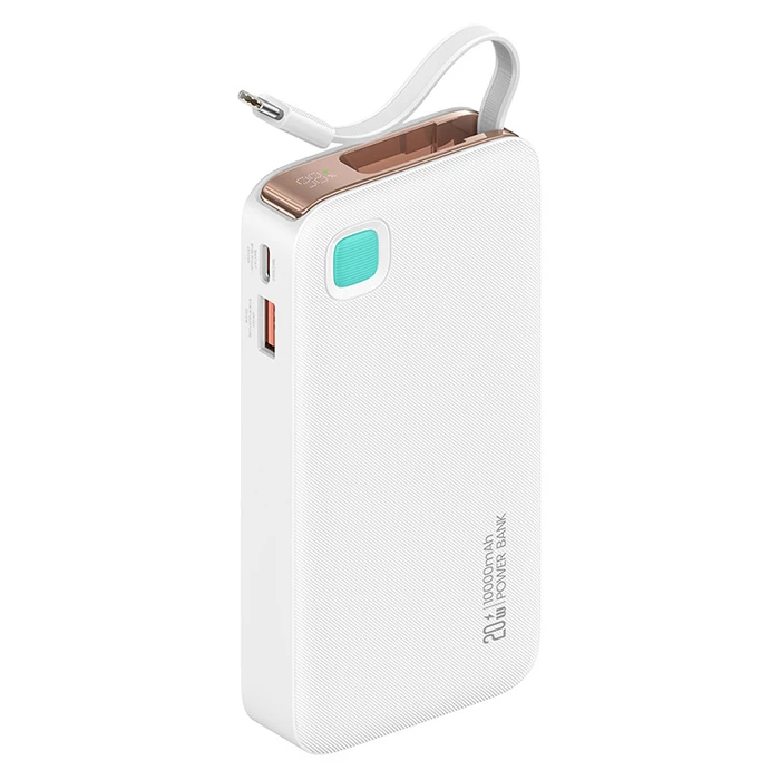 Power Bank Usams Cd224 με Καλώδιο USB-C, 2X Θύρες Εξόδου, 10000mAh, 20W, Λευκό