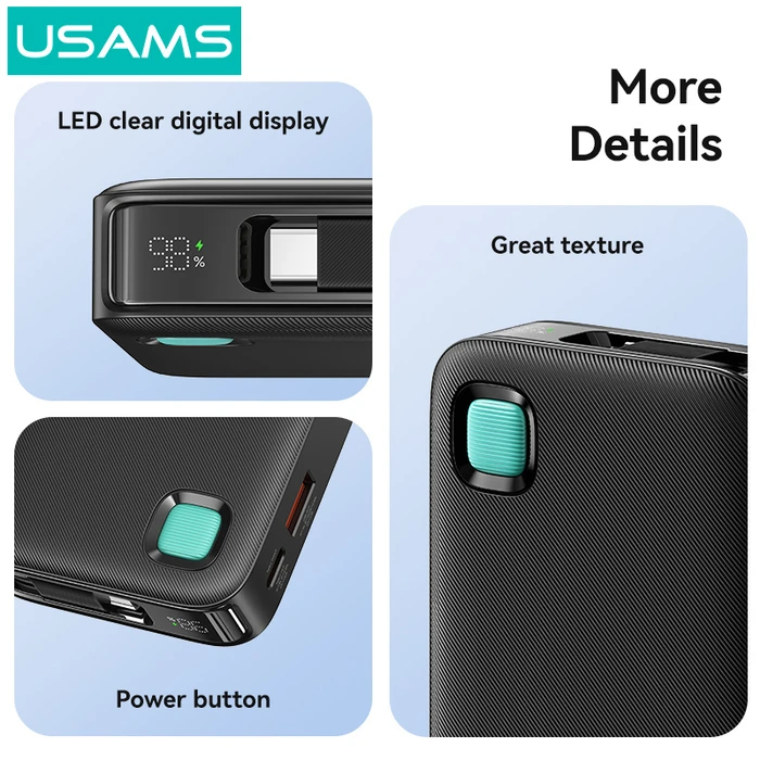 Power Bank Usams Cd224 με Καλώδιο USB-C, 2X Θύρες Εξόδου, 10000mAh, 20W, Λευκό