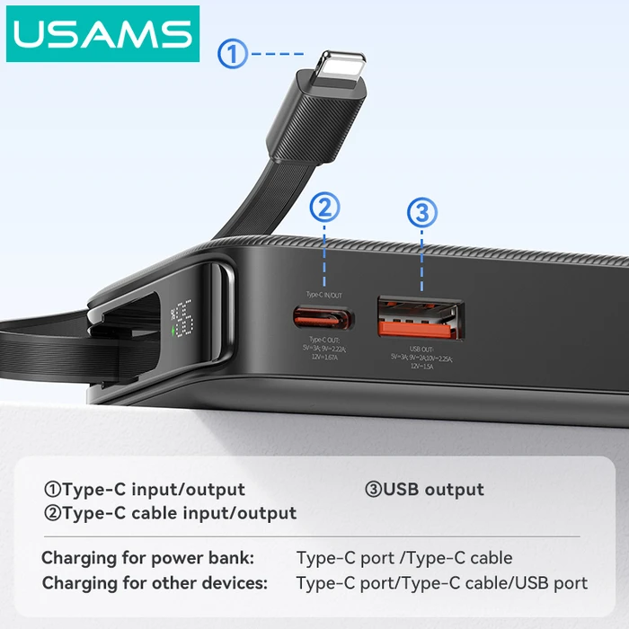 Power Bank Usams Cd225 με Καλώδιο Lightning, 2X Θύρες Εξόδου, 10000mAh, 20W, Μαύρο