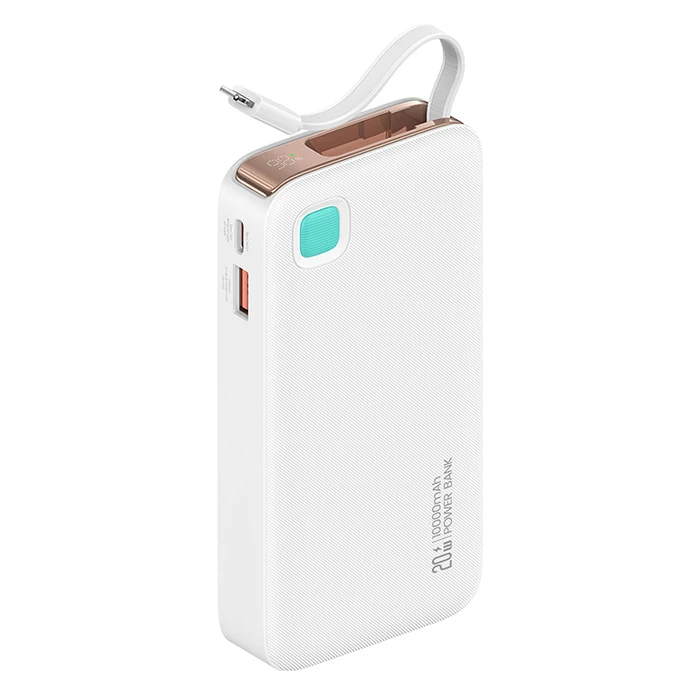 Power Bank Usams Cd225 με Καλώδιο Lightning, 2X Θύρες Εξόδου, 10000mAh, 20W, Λευκό