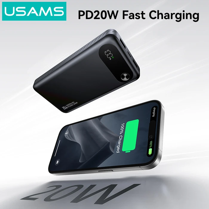 USAMS Power Bank CD249 with Display, 3x Output Ports, 10000mAh, 20W PD - Black
