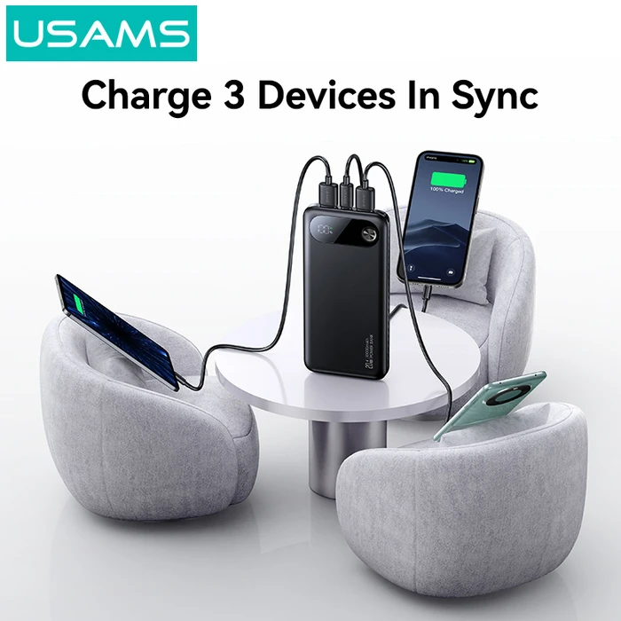 USAMS CD249 Power Bank 10000mAh with Display, 3x Output Ports, PD 20W, White