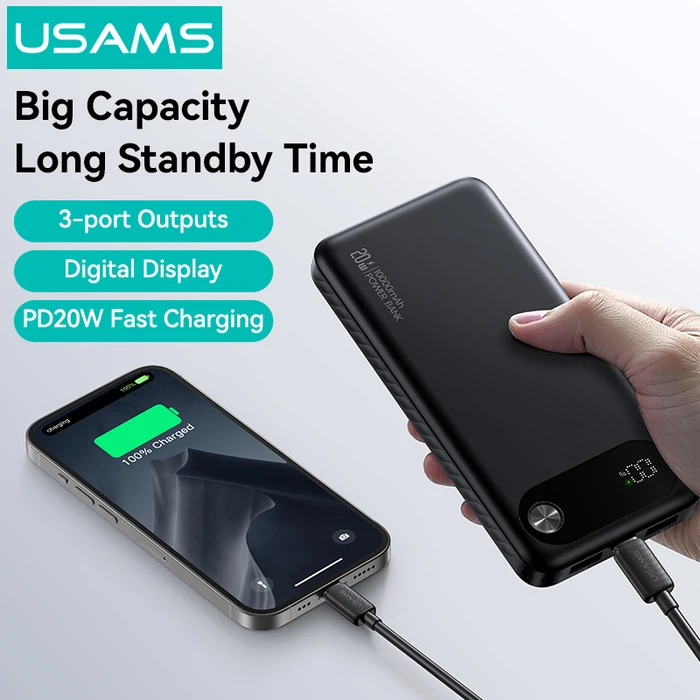 USAMS CD249 Power Bank 10000mAh with Display, 3x Output Ports, PD 20W, White