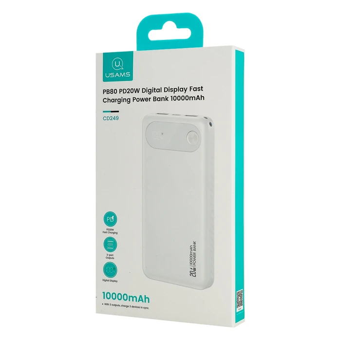 USAMS CD249 Power Bank 10000mAh with Display, 3x Output Ports, PD 20W, White