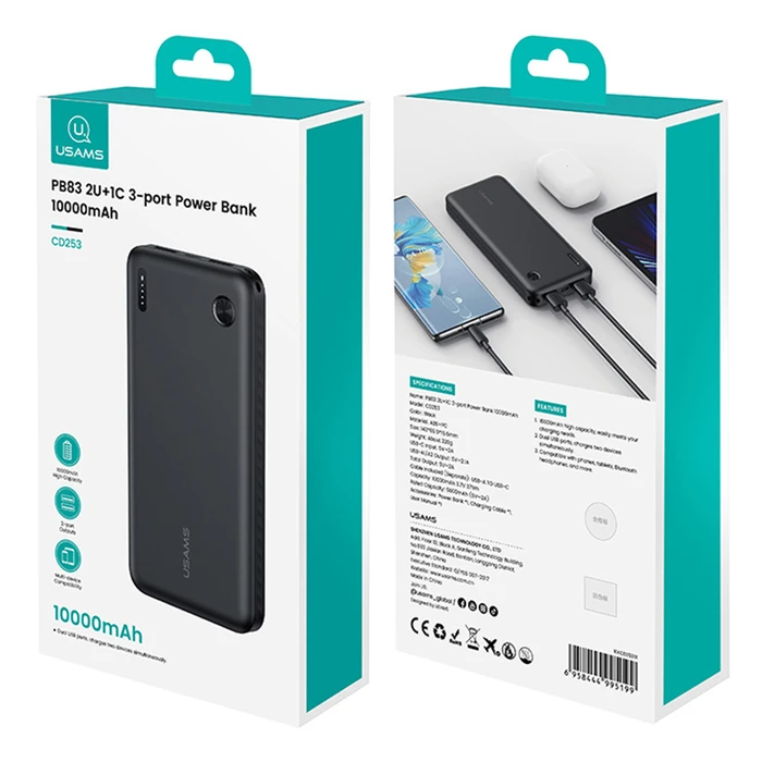 USAMS Power Bank CD253 10000mAh, 2x USB output, 10W, Black