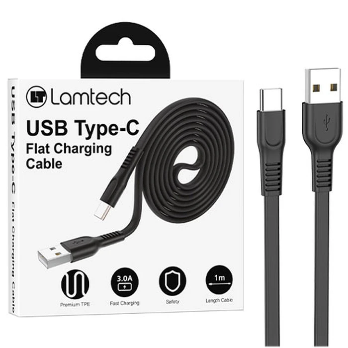 Καλώδιo USB Lamtech Type-C 3.0A FLAT 1M Black