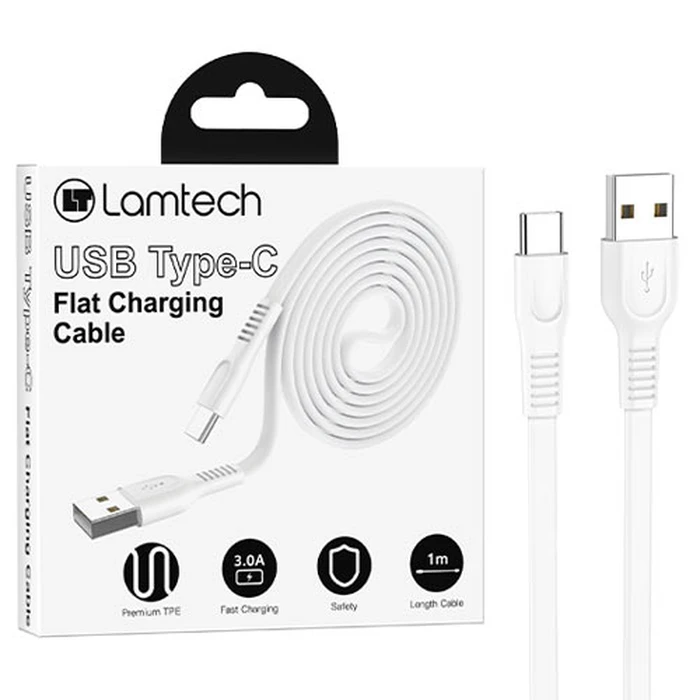 Καλώδιo USB Lamtech Type-C 3.0A FLAT 1M WHITE