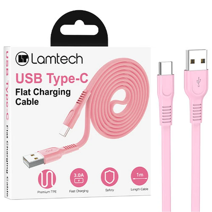 Καλώδιo USB Lamtech Type-C 3.0A FLAT 1M PINK