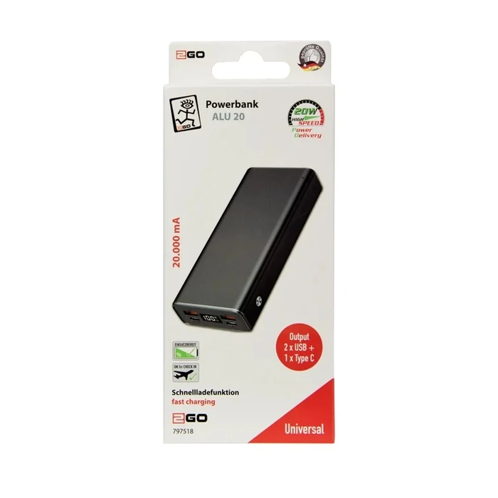 Power Bank 2GO 20000mAh 2x USB-A 1x USB-C fast charging ALU