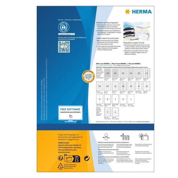 Αυτοκόλλητες Ετικέτες Herma A4 210x148 mm Rec.Blueer Engel 160 St.