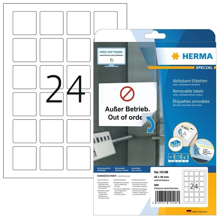 Αυτοκόλλητες Ετικέτες Herma A4 White 40x40 mm square. detachable 600 pieces