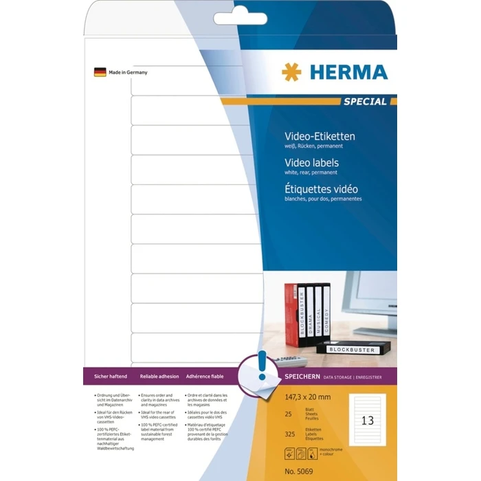 Αυτοκόλλητες Ετικέτες Herma video labels A4 white 147.3x20 mm paper 325 pcs