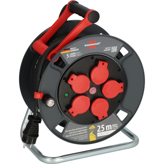Brennenstuhl Professional Extension Cable Reel IP44 25m, 5 Sockets, Black