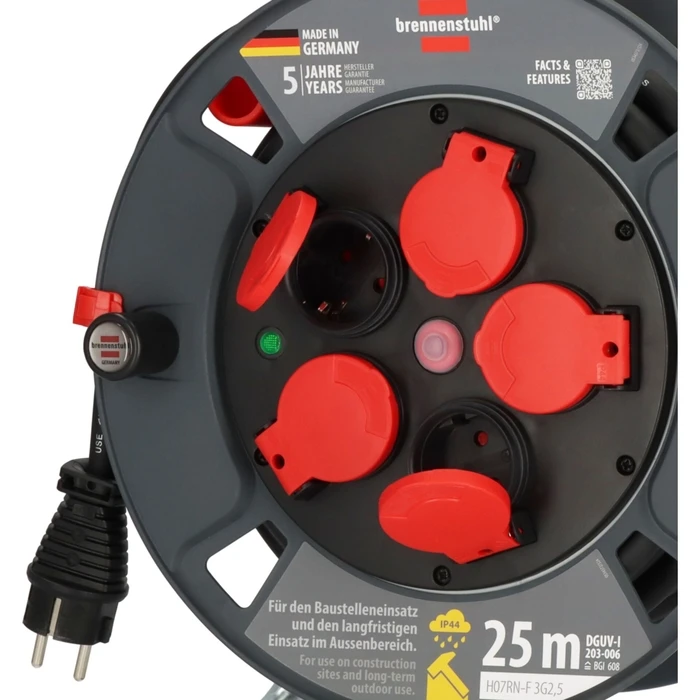 Brennenstuhl Professional Extension Cable Reel IP44 25m, 5 Sockets, Black