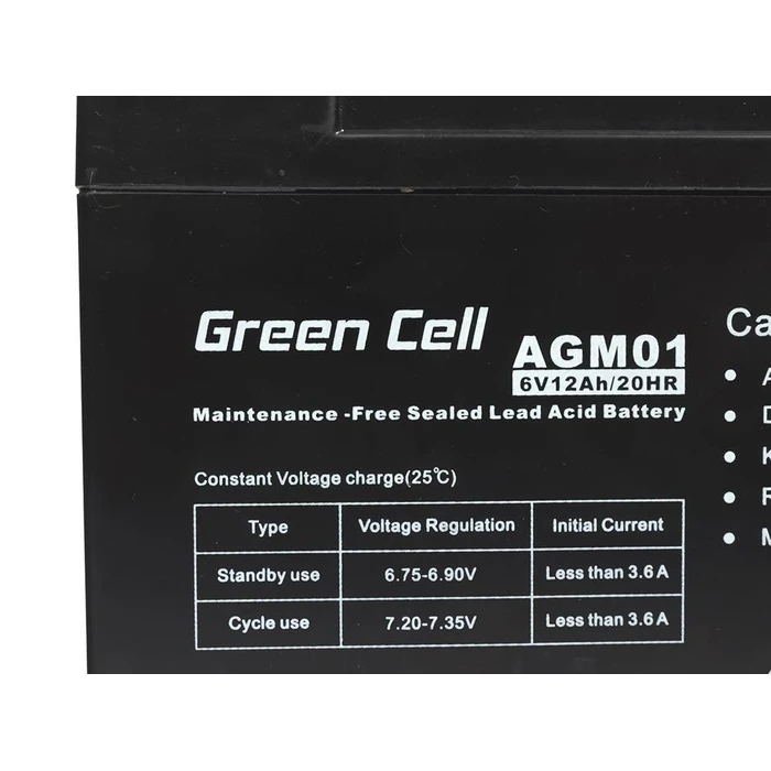 Μπαταρία UPS Green Cell AGM 6V 12Ah - 12.000 mAh Sealed Lead Acid (VRLA)