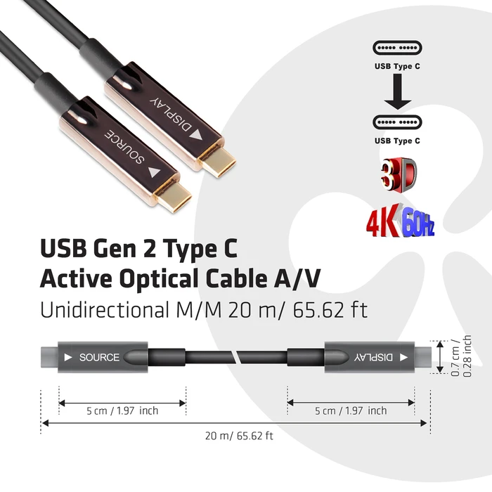 Καλώδιο USB Club 3D USB Gen 2 Type C Active Optical A/V Unidirectional M/M 20 m/ 65.62 ft