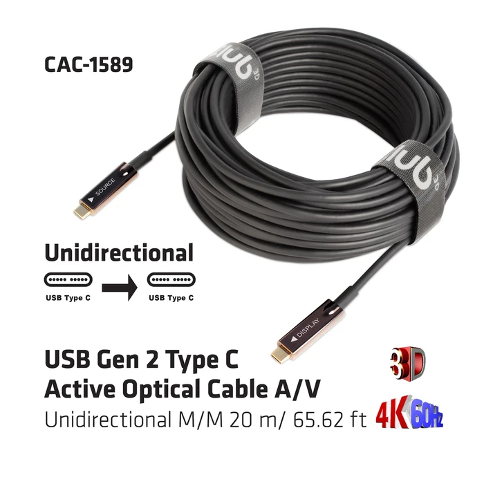 Καλώδιο USB Club 3D USB Gen 2 Type C Active Optical A/V Unidirectional M/M 20 m/ 65.62 ft