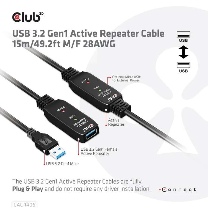 Καλώδιο USB Club 3D CAC-1406 USB 3.2 Gen1 Active Repeater 15m M/F 28AWG