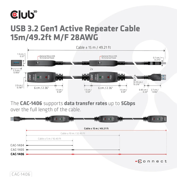 Καλώδιο USB Club 3D CAC-1406 USB 3.2 Gen1 Active Repeater 15m M/F 28AWG