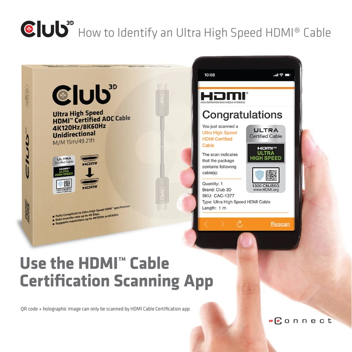 Καλώδιο HDMI Club 3D Ultra High Speed Certified AOC 4K120Hz/8K60Hz M/M 15m