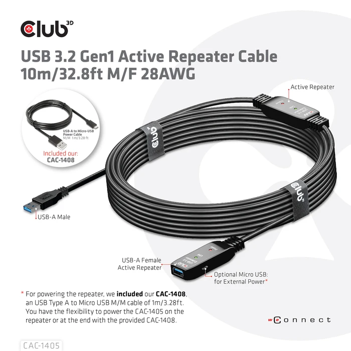 Καλώδιο USB Club 3D USB 3.2 Gen1 Active Repeater 10m / 32.8ft M/F 28AWG