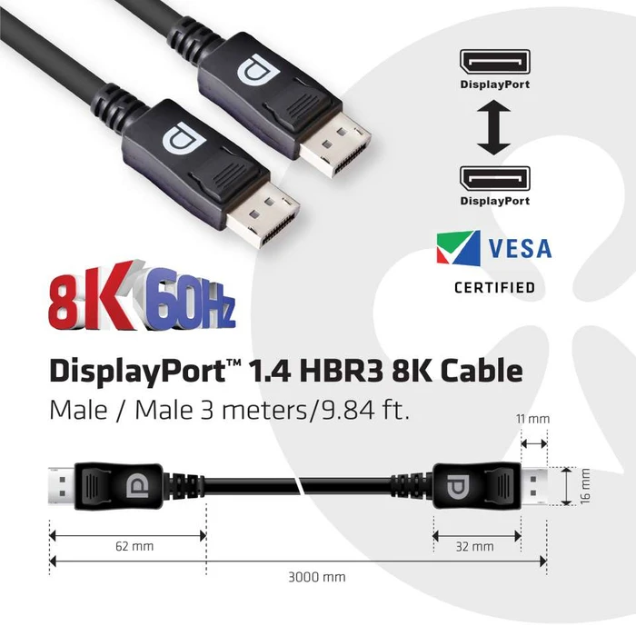 Καλώδιο DisplayPort Club 3D 1.4 HBR3 8K 28AWG M/M 3m /9.84ft