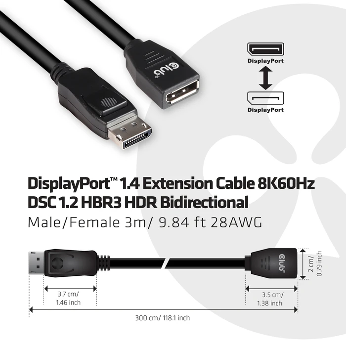 Καλώδιο DisplayPort Club 3D 1.4 Extension 8K60Hz DSC 1.2 HBR3 HDR Bidirectional M/F 3m/9.84ft