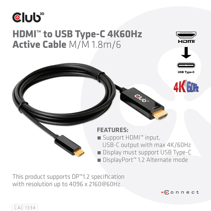 Καλώδιο HDMI Club 3D to USB Type-C 4K60Hz Active M/M 1.8m/6 ft