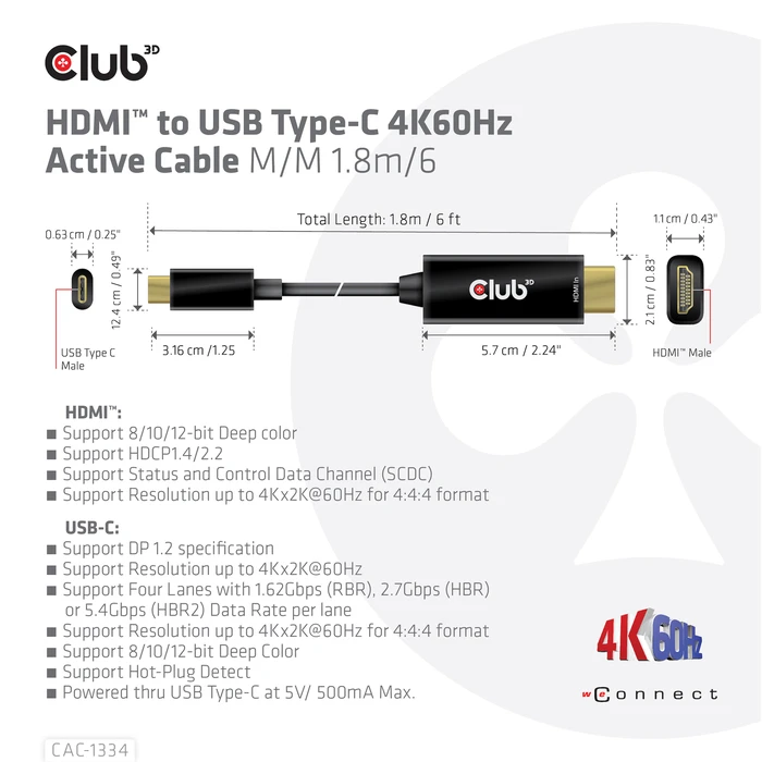 Καλώδιο HDMI Club 3D to USB Type-C 4K60Hz Active M/M 1.8m/6 ft