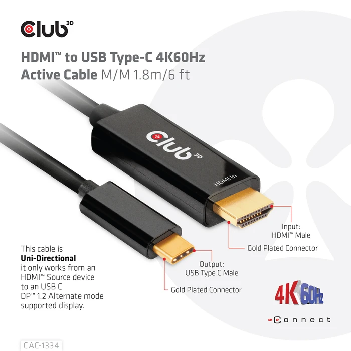 Καλώδιο HDMI Club 3D to USB Type-C 4K60Hz Active M/M 1.8m/6 ft