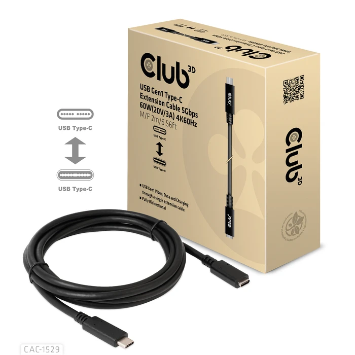 Καλώδιο USB Club 3D CAC-1529 USB Gen1 Type-C 5Gbps 60W(20V/3A) 4K60Hz M/F 2m