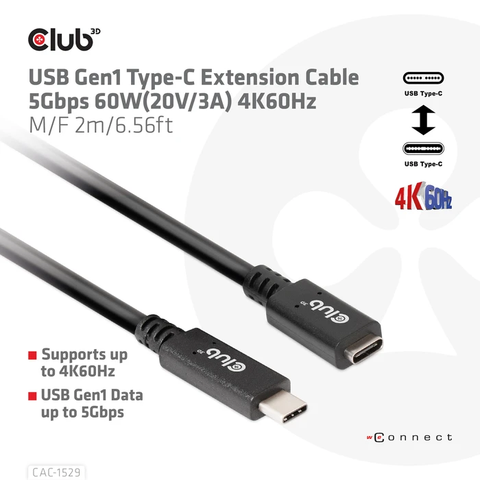 Καλώδιο USB Club 3D CAC-1529 USB Gen1 Type-C 5Gbps 60W(20V/3A) 4K60Hz M/F 2m