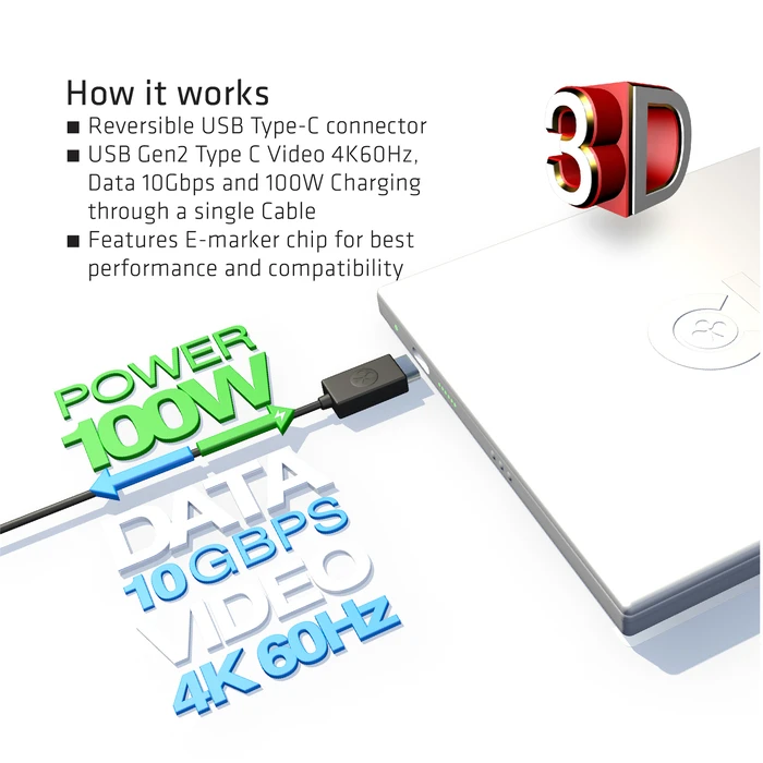 Καλώδιο USB Club 3D USB Gen2 Type C Video 4K60Hz, Data 10Gbps and 100W Charging 1Meter M/F