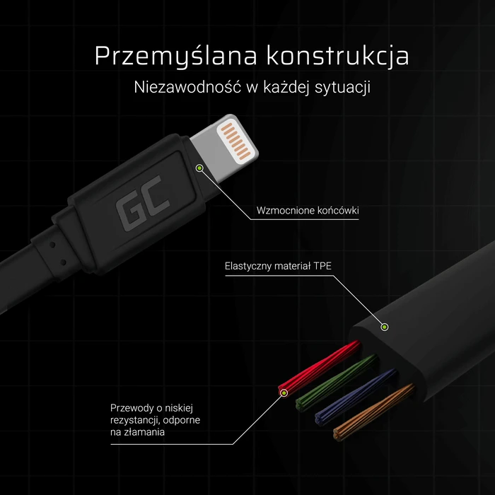 Καλώδιο USB Green Cell KABGC02 lightning 0.25 m Black