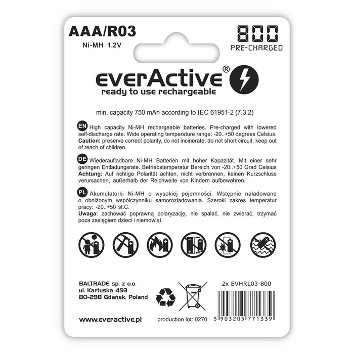 Επαναφορτιζόμενες Μπαταρίες Everactive Ni-MH R03 AAA 800 mAh Silver Line - 2 pieces