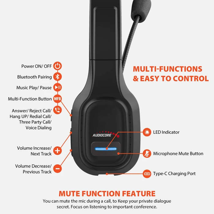 Multimedia Headsets Audiocore 74452 Noise Reuction Microphone Call CenterGoogle Siri Office Wireless