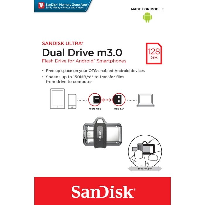 USB Flash 128GB Sandisk Ultra Dual m3.0 Type-A / Micro-3.2 Gen 1 (3.1 Gen 1) Black,Silver,Transparent