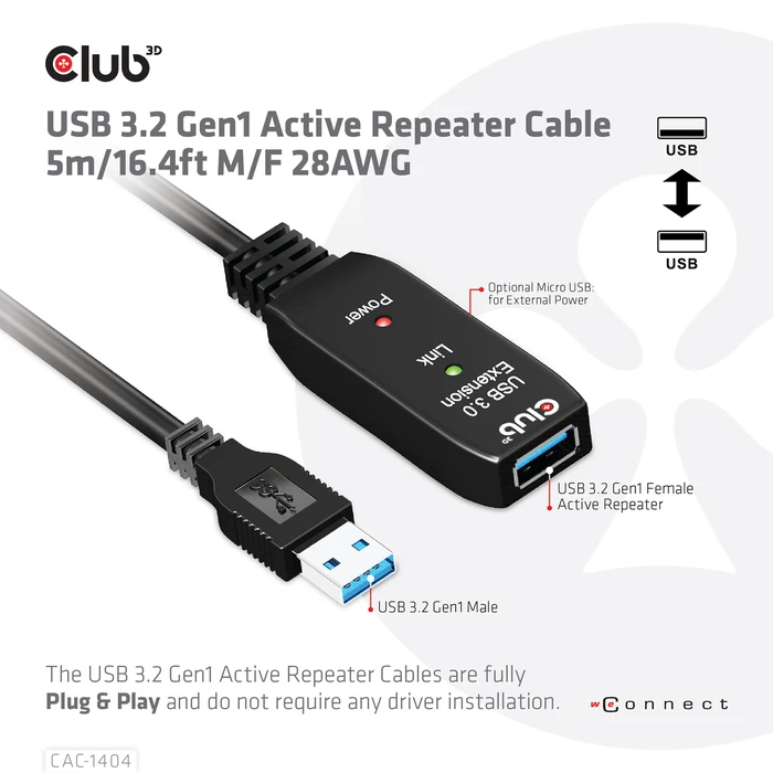 Καλώδιo USB Club 3D USB 3.2 Gen1 Active Repeater 5m/ 16.4 ft M/F 28AWG